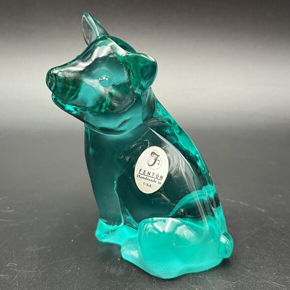 Fenton Aqua Teal Blue Green Glass Pig Figurine Original Sticker - Picture 2 of 10